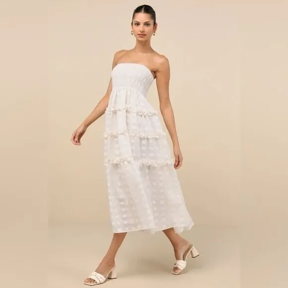 Lulus Beautiful Sentiments Ivory Floral Strapless Tiered Midi Dress Size  XXL NEW